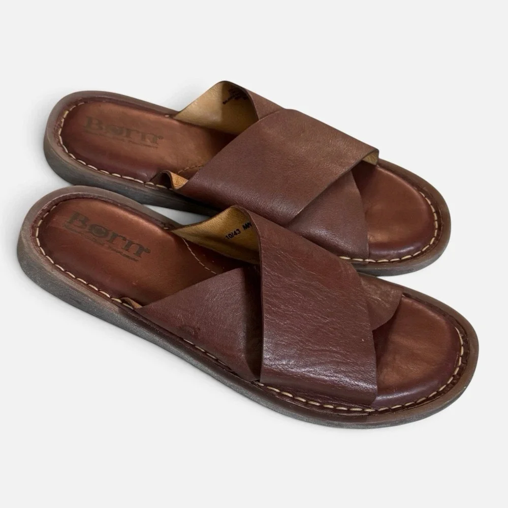 Born Miles Brown Leather Criss Cross Open Toe Sandal Slide Men's Size 10